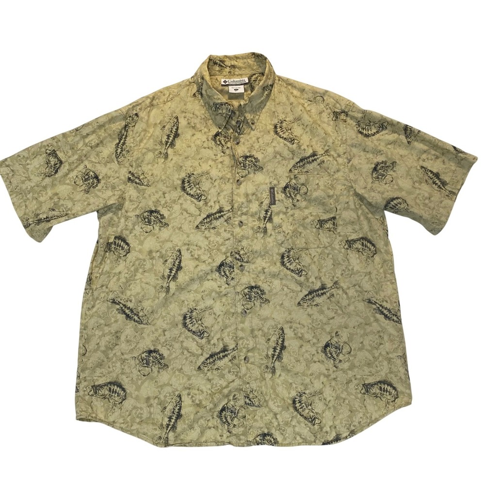 Columbia PFG Fishing Shirt Mens XL Beige Fish Print Button Up Cotton